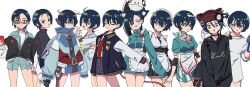 1girl alternate_hair_color amate_yuzuriha apron aqua_eyes black_hair blush breasts closed_mouth collared_shirt commentary_request cosplay frilled_apron frills gundam gundam_gquuuuuux haro hasu_175 hat highres holding hood hoodie jacket jersey_maid long_sleeves looking_at_viewer maid maid_apron maid_headdress mecha_musume necktie open_mouth shirt short_hair shuji_ito shuji_ito_(cosplay) simple_background skirt smile sweater unconventional_maid waist_apron white_apron white_background