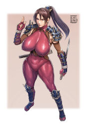 1girl absurdres breasts cirenk high_heels highres large_breasts ponytail skin_tight soul_calibur tagme taki_(soulcalibur) watermark weapon