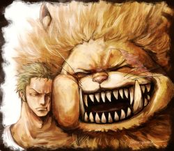 2boys blonde_hair brown_eyes cheek-to-cheek cheek_bulge closed_mouth closed_eyes frown furry furry_male heads_together highres male_focus mane multiple_boys nekomamushi one_eye_closed one_piece open_mouth roronoa_zoro scar scar_across_eye scar_on_face sharp_teeth shirt short_hair sweatdrop teeth torapunch twitter_username whiskers white_shirt
