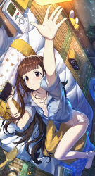 1girl absurdres alarm_clock arm_up between_legs blue_shirt book brown_eyes brown_hair cellphone clock comb commentary_request foot_out_of_frame futon geez head_on_pillow highres holding holding_phone long_hair looking_at_viewer lying make_heroine_ga_oo_sugiru! nukumizu_kaju on_bed on_side pajamas panties partially_unbuttoned phone pillow print_panties reaching shirt short_sleeves slippers smartphone socks solo star_(symbol) star_panties star_print tatami underwear unworn_slippers white_panties white_socks