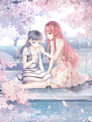2girls artist_request bare_arms bare_legs bare_shoulders black_bow blue_eyes blunt_bangs blunt_ends bow bra_strap braid brown_eyes cherry_blossoms closed_mouth collarbone crying crying_with_eyes_open day dress eyelashes falling_petals fence floral_print flower frilled_dress frills frown full_body game_cg grey_hair hair_bow half-closed_eyes half_up_braid hand_on_own_chest handkerchief high_heels highres holding holding_handkerchief kimi_(miracle_nikki) kneeling light_blush long_hair long_sidelocks looking_at_another medium_dress miracle_nikki multiple_girls nikki_(nikki) nikki_(series) off-shoulder_dress off_shoulder official_art outdoors parted_lips petals pink_flower pink_hair pink_shoes pleated_dress pointy_nose pumps reflective_floor road rose_print sad shade shoes short_dress short_sleeves sidelocks sidewalk sky sleeveless sleeveless_dress spring_(season) steam straight_hair striped_clothes striped_dress tears third-party_source tree very_long_hair wavy_hair white_dress white_sky wiping_tears