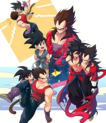 Rule 34 | black hair, blue eyes, blue sash, closed mouth, dougi, dragon ball, dragon ball gt, dragon ball heroes, gloves, long hair, male focus, monkey boy, monkey tail, multiple boys, muscular, muscular male, ommmyoh, open mouth, pants, red fur, saiyan, sash, smile, son goku, son goku (xeno), spiked hair, super saiyan, super saiyan 4, tail, time patrol (dragon ball), twitter username, vegeta, vegeta (xeno), yellow pants
