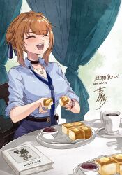 1girl belt black_belt black_choker blue_necktie blue_shirt book breasts brown_hair chair choker closed_eyes collarbone collared_shirt commentary_request commission cup dated food food_request girls&#039;_frontline grizzly_mkv_(elite_on_patrol)_(girls&#039;_frontline) grizzly_mkv_(girls&#039;_frontline) hair_ribbon highres holding holding_food jewelry kanmiya_shinobu large_breasts necklace necktie official_alternate_costume open_mouth ribbon second-party_source shirt sidelocks signature sitting sleeves_rolled_up solo striped_ribbon teeth upper_teeth_only