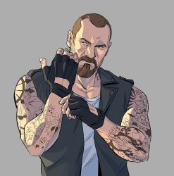 Rule 34 | 1boy, arm tattoo, arms up, bare shoulders, beard, black gloves, black vest, brown eyes, brown hair, collarbone, crew neck, facial hair, fingerless gloves, francis (left 4 dead), glove cutout, gloves, grey background, lapels, left 4 dead, left 4 dead 1, looking to the side, male focus, multiple tattoos, neck tattoo, notched lapels, shirt, short hair, sideways glance, simple background, sleeveless, solo, tattoo, tattoo sleeve, utmbug, very short hair, vest, white shirt