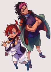 1boy 1girl ahoge aqua_eyes asticassia_school_uniform black_hairband blue_eyes boots brown_hair crossed_arms from_above frown full_body furrowed_brow yellow_necktie green_jacket green_shorts guel_jeturk gundam gundam_suisei_no_majo hair_between_eyes hairband highres jacket jacket_on_shoulders long_sleeves medium_hair mole mole_under_eye mullet multicolored_hair open_mouth pink_hair purple_shirt red_hair rumie school_uniform shirt short_hair_with_long_locks shorts sleeveless sleeveless_shirt suletta_mercury sweatdrop thick_eyebrows toned toned_male two-tone_hair white_jacket white_shorts
