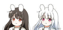 1girl :3 animal_ears brown_hair closed_mouth commentary_request english_text fang fang_out jacket mitya original portrait purple_eyes rabbit_ears red_eyes simple_background twitter_username variations watermark white_background white_hair white_jacket