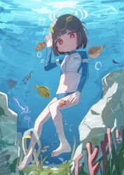 1girl :t absurdres alternate_hair_length alternate_hairstyle black_hair blue_archive blue_panties cosplay cropped_jacket fish halo highres jacket jellyfish leaf leaf_on_head miyu_(blue_archive) multicolored_jacket multicolored_swimsuit navel nyune ocean panties red_eyes rock saki_(blue_archive) saki_(blue_archive)_(cosplay) saki_(swimsuit)_(blue_archive) short_hair solo swimsuit underwear white_halo