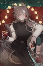 1girl alcohol animal_ear_fluff animal_ears arknights arm_rest arm_support belt belt_buckle black_belt black_dress black_nails black_ribbon blush box braid braided_ponytail breasts brown_hair brown_tail buckle card christmas christmas_lights christmas_present cinnamon_stick commentary_request couch cowboy_shot cup dessert dress drink drinking_glass drunk earrings fingernails food fruit fur-trimmed_jacket fur_trim gae_tteok00 gift gift_box glass gluhwein green_background hair_between_eyes hair_flowing_over hair_ornament hair_over_one_eye hair_spread_out hand_up high_collar highres holding holding_card holding_cup holding_drink hot_drink indoors jacket jewelry korean_commentary large_breasts layered_sleeves lemon lemon_slice light_particles long_hair long_sleeves looking_at_viewer looking_up low_side_ponytail mole mole_above_eye mulled_wine nail_polish official_alternate_costume on_couch open_clothes open_jacket parted_bangs parted_lips penance_(arknights) penance_(occasionally_flushed)_(arknights) ponytail red_wine ribbed_sweater ribbon shadow side_ponytail single_braid single_off_shoulder sitting solo star_(symbol) star_earrings steam straight-on string_of_light_bulbs striped_clothes striped_dress sweater sweater_dress tail turtleneck turtleneck_dress turtleneck_sweater vertical-striped_clothes vertical-striped_dress very_long_hair wall wallpaper_(object) white_jacket wine wolf_ears wolf_girl wolf_tail yellow_eyes