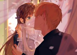 1boy 1girl black_shirt blonde_hair brown_hair character_request commentary_request curtains day falling_petals fruits_basket gakuran green_eyes hair_ribbon hand_on_another&#039;s_arm hand_up hetero honda_tooru indoors kiss long_hair mmmilk petals purple_ribbon ribbon sailor_collar school_uniform serafuku shirt short_hair sohma_kyou upper_body white_sailor_collar