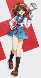 Rule 34 | 1girl, black socks, blue sailor collar, blue skirt, breasts, brown eyes, brown hair, brown shoes, full body, h (letter), hair ribbon, hairband, hand on own hip, highres, holding, holding megaphone, kita high school uniform, knees, kuuma25 kuma, legs, loafers, long sleeves, looking at viewer, megaphone, open mouth, red ribbon, ribbon, sailor collar, school uniform, serafuku, shoes, simple background, skirt, socks, solo, suzumiya haruhi, suzumiya haruhi no yuuutsu, thighs, watermark, white background, winter uniform, yellow hairband, yellow ribbon