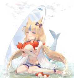Rule 34 | 1girl, absurdres, ahoge, animal ears, blonde hair, blue eyes, blue hair, blue scrunchie, cat ears, closed mouth, crab, dress, fins, fish girl, fish tail, highres, indie virtual youtuber, kaniki (sameko saba), lifebuoy hair ornament, long hair, looking at viewer, low twintails, multicolored hair, one side up, open clothes, open dress, qing yoyo, sameko saba, scrunchie, short shorts, shorts, smile, solo, surfboard, tail, twintails, two-tone hair, very long hair, virtual youtuber, white dress, white shorts