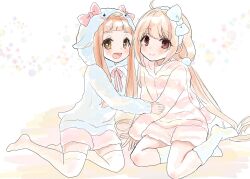 2girls :d animal_hood blonde_hair blue_bow blue_hoodie blue_socks blush bow brown_eyes brown_hair child closed_mouth commentary_request futaba_anzu highres hood hood_down hood_up hooded_jacket hoodie ichihara_nina idolmaster idolmaster_cinderella_girls idolmaster_cinderella_girls_starlight_stage jacket long_hair long_sleeves low_twintails multiple_girls no_shoes open_mouth pink_bow pink_shorts rino_cnc shorts sitting sleeves_past_wrists smile socks striped_clothes striped_jacket striped_shorts thighhighs twintails very_long_hair white_thighhighs