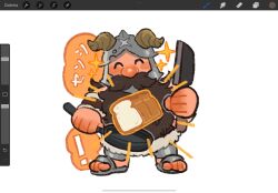 1boy ^_^ art_program_in_frame beard bread charm_(object) chibi closed_eyes dungeon_meshi dwarf facial_hair facing_viewer fake_horns food full_body helmet highres holding holding_knife horned_helmet horns knife loaf_of_bread long_beard male_focus merchandise_available mimscosara mustache senshi_(dungeon_meshi) solo standing thick_mustache very_long_beard