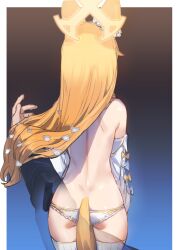 Rule 34 | 1girl, animal ears, ass, back, bare shoulders, black background, blonde hair, blue archive, blue background, border, bow (bhp), detached sleeves, facing away, fox ears, fox girl, fox tail, from behind, gradient background, hair focus, halo, long hair, long sleeves, outside border, panties, pov, pov hands, revision, seia (blue archive), sleeve bow, solo focus, tail, thighhighs, underwear, white border, white panties, white thighhighs, yellow halo