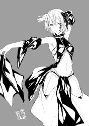 1girl arm_up armpits breasts commentary_request detached_sleeves facial_mark grey_hair harem_pants highres holding linea_alba medium_breasts mugen_no_sudadokei original outstretched_arm pants short_hair side_slit sideboob signature solo