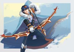 Rule 34 | 1boy, arrow (projectile), artist name, ascot, blue boots, blue hair, blue pants, blue shirt, boots, bow (weapon), chrom (crowned exalt) (fire emblem), chrom (fire emblem), circlet, coat, commentary, english commentary, fire emblem, fire emblem awakening, fire emblem heroes, fur-trimmed coat, fur-trimmed sleeves, fur trim, gloves, hidewari, highres, holding, holding arrow, holding bow (weapon), holding weapon, male focus, nintendo, pants, shirt, smile, weapon, white ascot, white gloves