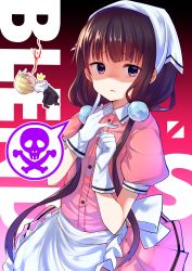 1boy 1girl ^^^ apron black_apron black_background black_pants blend_s blonde_hair blood blunt_bangs blush brown_footwear chibi collared_shirt copyright_name dino_(blend_s) dress_shirt frilled_apron frills gloves gradient_background hair_ornament headscarf highres keshiks_(keshiksext) long_hair looking_at_viewer low_twintails nose_blush nosebleed pants parted_lips pink_shirt pink_skirt pleated_skirt puffy_short_sleeves puffy_sleeves purple_eyes purple_hair red_background sakuranomiya_maika shaded_face shirt shoes short_sleeves skirt spoken_skull_and_crossbones twintails uniform very_long_hair waist_apron waitress white_apron white_gloves white_headscarf white_shirt