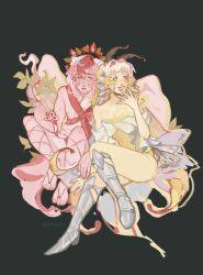 1boy 1girl angel_wings armored_boots boots butterfly_wings colored_skin cookie_run cookie_run:_kingdom halo highres insect_wings leotard long_hair looking_at_another multicolored_hair omchyn pavlova_cookie red_hair sugarfly_cookie two-tone_hair white_hair wings yellow_leotard yellow_skin
