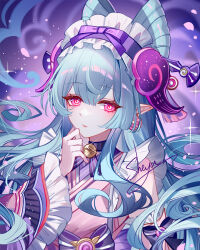 1girl artist_name bare_shoulders bell blue_hair commentary_request frilled_hairband frills genshin_impact hairband hand_up highres japanese_clothes jingle_bell kimono looking_at_viewer neck_bell parted_lips pink_eyes pink_kimono pointy_ears purple_hairband sheya signature solo upper_body yumemizuki_mizuki