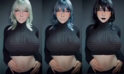 3d animated black_lips blender_(medium) blue_eyes blue_hair blush breasts female_byleth_(fire_emblem) cleavage clothes_lift earrings female_focus fire_emblem fire_emblem:_three_houses green_eyes green_hair highres j9006 jewelry large_breasts looking_at_viewer matching_hair/eyes medium_hair nintendo nipples nose_piercing piercing realistic shirt_lift solo sweater tagme titty_drop undressing upper_body video