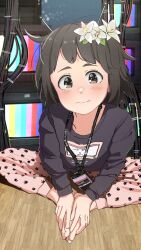 Rule 34 | 1girl, antennae, artist name, barefoot, black shirt, black sweater, blush, bob cut, brown eyes, brown hair, butterfly sitting, cable, closed mouth, clothes writing, collarbone, commentary, crt, flower, full body, hair flower, hair ornament, hair strand, hands on feet, hands on own feet, head tilt, highres, indoors, lanyard, leaning forward, long sleeves, looking at viewer, messy hair, night, on floor, original, own hands together, pajamas, pants, paw print, paw print pattern, pink pants, rabbit ears antenna, radio antenna, russian commentary, servachok, shirt, short hair, sitting, snow, snowing, solo, spread legs, stack, sweater, tanya (servachok), television, test card, toes, translated, wavy mouth, white flower, wide spread legs, window, wooden floor