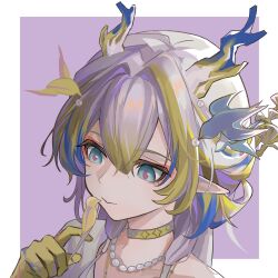 Rule 34 | 1girl, ambience synesthesia, animal, aqua eyes, arknights, bird, bird on hand, blonde hair, blue hair, border, chinese commentary, choker, closed mouth, colored extremities, commentary request, dragon girl, dragon horns, eyeliner, grey hair, hair ornament, highres, horns, long hair, looking at animal, looking down, makeup, multicolored hair, official alternate costume, orange eyeliner, outside border, partial commentary, pointy ears, purple background, shu (arknights), shu (bingwenyuyou) (arknights), simple background, solo, white border, xiaoshanpolideren, yellow bird, yellow choker