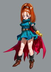 1girl :d aqua_tunic barbara_(dq6) belt black_sleeves black_socks brown_belt brown_shoes cape dragon_quest dragon_quest_vi earrings floating_clothes full_body gloves grey_background high_ponytail highres jewelry legs looking_to_the_side metal_hair_tubes okita_(sukult_4) open_mouth orange_hair ponytail purple_eyes red_cape shoes smile socks solo sphere_earrings thighs tunic yellow_gloves
