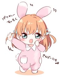 1girl :d animal_ears aqua_eyes arms_up beamed_eighth_notes blush_stickers chibi chibi_only commentary_request crossed_bangs dancing full_body hair_ornament highres hinoshita_kaho holiday_holiday_(love_live!) link!_like!_love_live! love_live! lyrics medium_hair musical_note official_alternate_costume onesie open_mouth orange_hair rabbit_ears rabbit_hair_ornament ririn_(ririn_501) simple_background smile solo two_side_up virtual_youtuber white_background