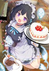 Rule 34 | 1girl, :d, absurdres, apron, black choker, black dress, black hair, black shoes, blue ribbon, blurry, blurry background, blush, breasts, cake, cake slice, choker, coffee, commission, cup, dress, food, frilled apron, frills, fruit, highres, holding, holding tray, large breasts, looking at viewer, maid, maid apron, maid headdress, medium breasts, multicolored hair, open mouth, original, plate, puffy short sleeves, puffy sleeves, purple eyes, ribbon, saucer, shiro9jira, shoes, short hair, short sleeves, skeb commission, smile, socks, solo, sparkle, strawberry, tea, teacup, tray, white apron, white socks