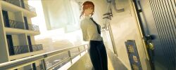 1girl absurdres akatsukireii arms_behind_back artist_name black_necktie black_pants building chainsaw_man collared_shirt door evening highres makima_(chainsaw_man) necktie outdoors pants railing red_hair shirt solo standing white_shirt yellow_eyes