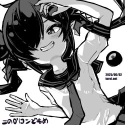 1girl backbeako_(torotei) backbeard blush commentary dated dated_commentary gegege_no_kitarou greyscale grin hair_over_one_eye hair_ribbon hands_up kono_lolicon_domome long_hair looking_at_viewer monochrome necktie original paid_reward_available pleated_skirt pointy_ears ribbon sailor_collar school_uniform shirt short_sleeves simple_background skirt smile solo torotei translated twintails upper_body watermark waving web_address white_background