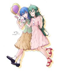2girls aqualeb balloon blue_eyes blue_hair blush breasts date_a_live dress green_eyes green_hair highres himekawa_yoshino kyouno_natsumi long_hair multiple_girls small_breasts yoshinon