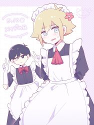 Rule 34 | 2boys, alternate costume, antenna hair, basil (faraway) (omori), basil (omori), black eyes, black hair, blonde hair, blue eyes, blush, closed mouth, double v, elbow gloves, enmaided, flower, gloves, grey eyes, hair flower, hair ornament, heterochromia, highres, long sleeves, looking at viewer, maid, maid headdress, male focus, multiple boys, omori, open mouth, pino ois1, short hair, short sleeves, speech bubble, spoilers, sunny (omori), sweatdrop, translation request, v, white gloves