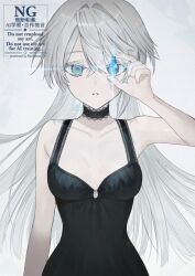 1girl bare_arms bare_shoulders black_choker black_dress blue_eyes blue_gemstone blue_nails breasts choker collarbone commentary_request dress gem grey_background grey_hair hair_between_eyes hair_intakes hand_up holding holding_gem hu_kotora lace-trimmed_choker lace_trim long_hair looking_at_viewer nail_polish original parted_lips sleeveless sleeveless_dress small_breasts solo upper_body very_long_hair watermark