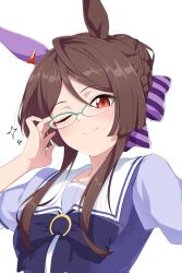 Rule 34 | 1girl, absurdres, animal ears, bow, ear covers, glasses, green-framed eyewear, hair bow, highres, horse ears, horse girl, looking at viewer, nerukichikatafukuma, one eye closed, over-rim eyewear, purple bow, red eyes, royce and royce (umamusume), school uniform, semi-rimless eyewear, short hair with long locks, short sleeves, sidelocks, simple background, single ear cover, smile, solo, striped bow, summer uniform, tracen school uniform, umamusume, upper body, white background