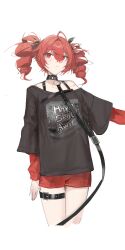 1girl absurdres ahoge arm_at_side belt black_belt black_bow black_collar black_shirt bow collar cowboy_shot cropped_legs drill_hair flat_chest hair_between_eyes hair_bow hair_ribbon highres kasane_teto leash long_sleeves looking_at_viewer outstretched_arm outstretched_hand red_eyes red_hair red_shorts red_sleeves ribbon santa_mich shirt short_shorts shorts simple_background solo thigh_belt thigh_strap twin_drills utau white_background white_ribbon