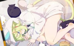 Rule 34 | 1girl, animal ears, animal hood, bare legs, barefoot, black cat, blue eyes, blush, cat, cat ears, cat girl, cat hood, cat tail, commission, feet, green hair, green nails, highres, hood, hood up, hoodie, long sleeves, looking at viewer, lying, nail polish, no panties, on side, original, shiro9jira, short hair, skeb commission, solo, tail, toes, white cat, white hoodie, yarn