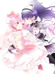 Rule 34 | 2girls, :o, akemi homura, akemi homura (cosplay), akemi homura (magical girl), argyle clothes, argyle footwear, arm around waist, asahina mafuyu, back bow, bad id, bad twitter id, black boots, black capelet, black hairband, black nails, black scrunchie, boots, bow, bow choker, bowtie, bubble skirt, buttons, capelet, center frills, chest jewel, chocofish, choker, closed mouth, collarbone, collared capelet, commentary, cosplay, cowboy shot, dress, eyelashes, floating clothes, floating hair, foot out of frame, footwear bow, frilled dress, frilled skirt, frilled sleeves, frills, gem, gloves, hair bow, hair ornament, hair scrunchie, hairband, hand jewel, hashtag-only commentary, holding hands, kaname madoka, kaname madoka (cosplay), kaname madoka (magical girl), layered sleeves, leg up, light blush, long hair, long sleeves, looking at another, magical girl, mahou shoujo madoka magica, mahou shoujo madoka magica (anime), miniskirt, multiple girls, nail polish, ootori emu, open mouth, pink bow, pink dress, pink eyes, pink gemstone, pink hair, pleated skirt, ponytail, project sekai, puffy short sleeves, puffy sleeves, purple bow, purple bowtie, purple capelet, purple eyes, purple gemstone, purple hair, purple skirt, red bow, red choker, red shoes, scrunchie, shoes, short dress, short hair, short sleeves, skirt, skirt under dress, square neckline, thigh boots, two-tone capelet, two-tone scrunchie, very long hair, white background, white dress, white gloves, white scrunchie, white skirt, white sleeves, yuri