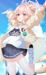 1girl arms_up black_shoes black_skirt blue_archive blurry blurry_background commentary_request depth_of_field hair_bun halo highres jacket long_sleeves miniskirt natsu_(band)_(blue_archive) natsu_(blue_archive) navel official_alternate_costume open_mouth pink_eyes pink_hair pink_halo pleated_skirt shirt shoes single_side_bun skirt socks solo sweat u9ffo white_shirt white_socks yellow_jacket