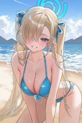 1girl absurdres all_fours alternate_costume alternate_hairstyle asuna_(blue_archive) bare_shoulders beach bikini blue_archive blue_bikini blue_eyes blue_halo blush breasts brown_hair cleavage collarbone commentary day grin hair_over_one_eye halo highres long_hair looking_at_viewer mole mole_on_breast outdoors side-tie_bikini_bottom smile solo swimsuit twintails very_long_hair water wet yamu_(yamu_030)