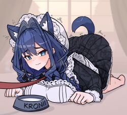 all_fours animal_collar animal_ear_fluff animal_ears blue_eyes blue_hair blush bowl braid breast_press collar commentary curtains embarrassed english_commentary facing_viewer hololive hololive_english indoors leash looking_at_viewer maid maid_headdress moral_cacoethes on_floor ouro_kronii ouro_kronii_(maid) paid_reward_available pet_bowl pet_play sweat tail tail_raised tearing_up virtual_youtuber window