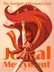 1girl animal_ears cape carrot clenched_hand commentary crown dark-skinned_female dark_skin english_commentary english_text gribberoni hand_up highres holding holding_carrot horse_ears horse_girl horse_race_tests jovial_merryment midriff one_eye_closed orange_hair poster_(medium) red_cape shirt short_hair solo sparkle t.m._opera_o_(umamusume) thighhighs umamusume white_shirt white_thighhighs zettai_ryouiki