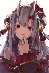 1girl absurdres backlighting bell brown_sleeves check_commentary commentary commentary_request detached_sleeves double_bun gang grey_hair hair_bell hair_bun hair_ornament hair_tassel hand_on_own_cheek hand_on_own_face hand_up hannya heart heart-shaped_pupils highres hololive horns japanese_clothes kimono light_smile long_hair mask mask_on_head multicolored_hair nakiri_ayame nakiri_ayame_(1st_costume) ninniku_mashimashi noh_mask off_shoulder okawaii_koto oni parted_lips red_eyes simple_background skin-covered_horns smirk solo streaked_hair symbol-shaped_pupils tassel tassel_hair_ornament upper_body very_long_hair virtual_youtuber white_background