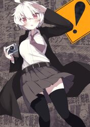 belt blush breasts camera damao_(kiwa777) grey_skirt highres holding holding_camera large_breasts original sign skirt tagme warning_sign white_hair