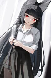 1girl absurdres animal_ear_fluff animal_ears black_pantyhose black_skirt blunt_bangs braid braiding_hair collared_shirt commentary_request cowboy_shot fox_ears fox_girl hairdressing high-waist_skirt highres hoshimi_miyabi long_hair looking_at_viewer pantyhose red_eyes shirt single_braid skirt solo thomas_8000 white_shirt zenless_zone_zero