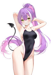 1girl absurdres alternate_costume armpits arms_behind_head arms_up blue_one-piece_swimsuit blush braid braided_bangs breasts colored_inner_hair commentary competition_swimsuit contrapposto covered_navel demon_girl demon_tail double-parted_bangs green_eyes hair_between_eyes high_ponytail highleg highleg_one-piece_swimsuit highres hololive long_hair looking_at_viewer medium_breasts multicolored_hair official_alternate_hairstyle one-piece_swimsuit parted_lips piercing pink_hair ponytail purple_hair sideboob simple_background solo standing streaked_hair swimsuit tail tail_ornament tail_piercing tail_raised tokoyami_towa very_long_hair virtual_youtuber white_background white_hair yukineko1018