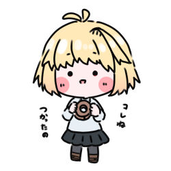 1girl :d absurdres ahoge arcueid_brunestud blonde_hair blush blush_stickers chibi deformed donut food highres holding holding_food mob_face open_mouth pantyhose short_hair simple_background skirt smile sweater tsukihime tsukihime_(remake) turtleneck turtleneck_sweater user_vkjy5545