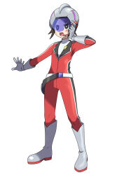 1boy :o asatsuki_(fgfff) belt boots bright_pupils brown_eyes commentary_request full_body gloves grey_boots grey_helmet hand_up helmet highres jumpsuit knees nate_(pokemon) nintendo open_mouth outstretched_arm pokemon pokemon_bw2 red_jumpsuit scrape shirt solo spread_fingers standing teeth tongue white_belt white_pupils