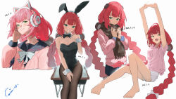 1girl absurdres alternate_costume animal_ear_hairband animal_ear_headphones animal_ears arms_up barefoot black_bow black_bowtie black_leotard bow bowtie braid breasts brown_pantyhose brown_scarf cardigan cat_ear_headphones chest_bow cleavage commentary_request dated desk detached_collar fake_animal_ears green_eyes grin hair_ornament hairband hand_to_own_mouth headphones highres leotard long_hair looking_at_viewer low_twin_braids lupinu5 open_mouth pantyhose pink_cardigan pink_shirt pleated_skirt rabbit_ears red_hair scarf school_desk shirt shorts signature simple_background sitting sitting_on_table skirt smile stretching toenails twin_braids ukinami_yuzuha white_background white_bow white_shorts white_wrist_cuffs wrist_cuffs zenless_zone_zero