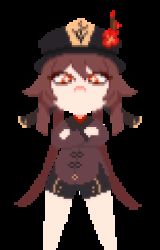 1girl animated animated_gif ankha_zone_(meme) black_shorts brown_hair collared_shirt crossed_arms eyelashes flower flower-shaped_pupils frown genshin_impact hat hat_ornament hu_tao_(genshin_impact) long_hair looking_at_viewer looping_animation lowres pawamo_power pixel_art plum_blossoms porkpie_hat red_eyes shirt shorts solo standing swaying symbol-shaped_pupils transparent_background twintails upper_body